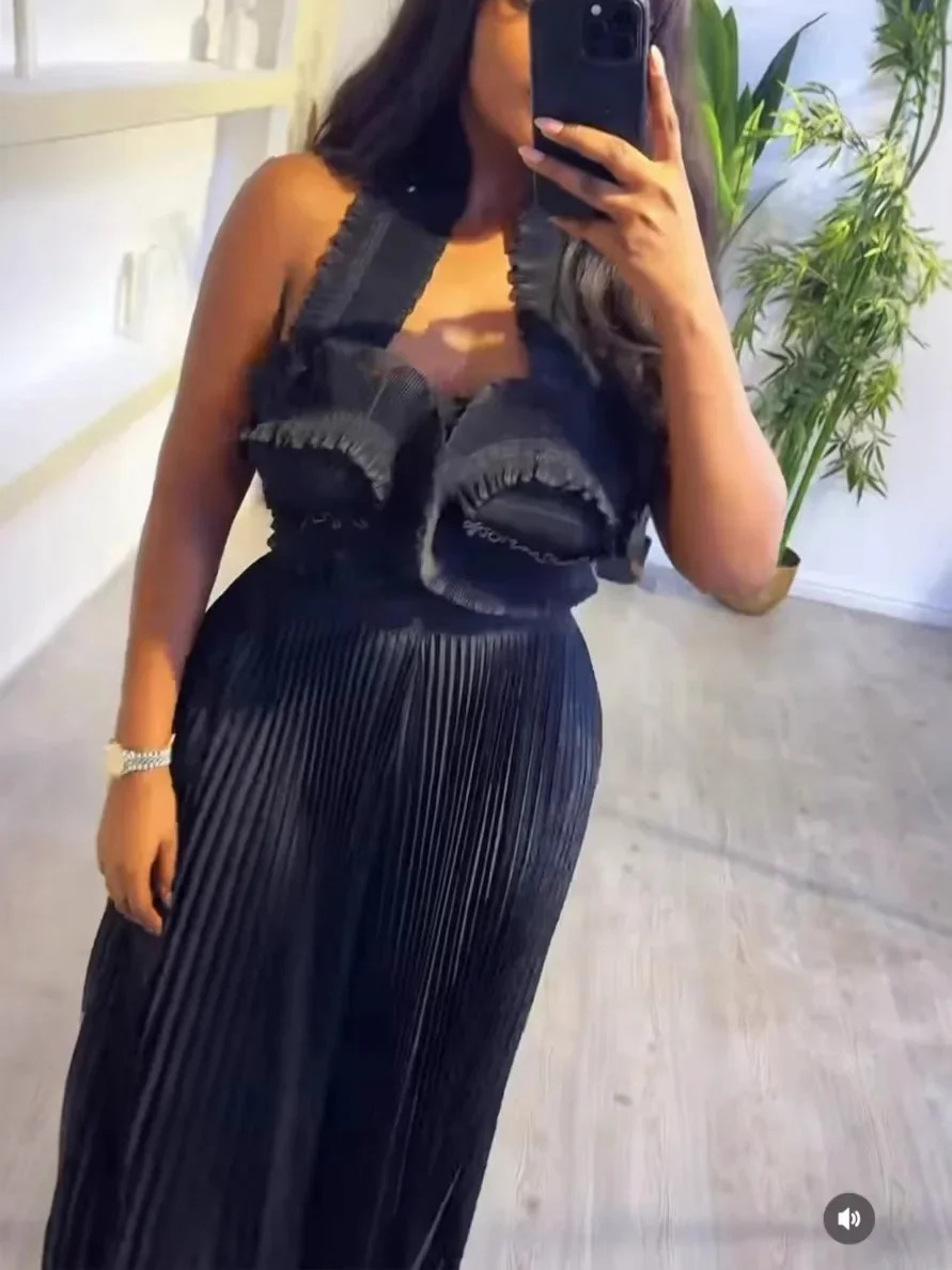 CM.YAYA Streetwear Womens Set Sleeveless Halter Crop Pleated TopWide Leg Pants Elegant Fall Party Two 2-Piece Set Outfits 250225