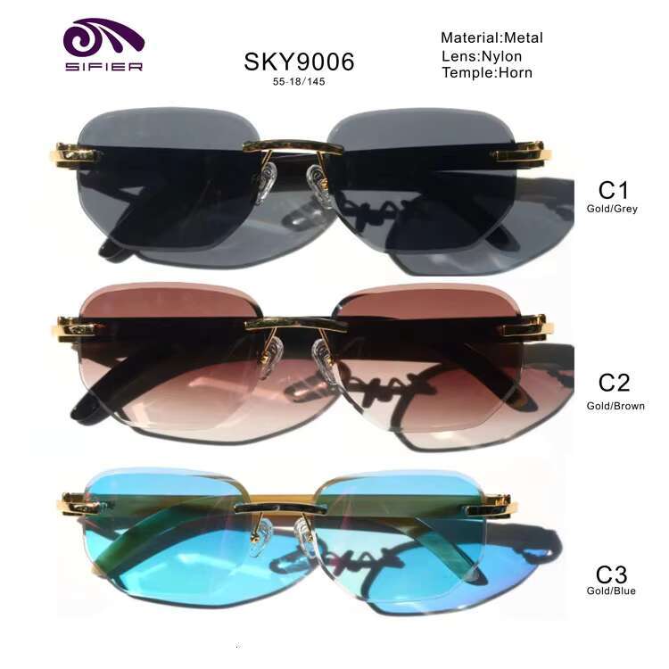 Sifier Mens Vintage Brand Name Buffalo Horn Rimless Sunglasses