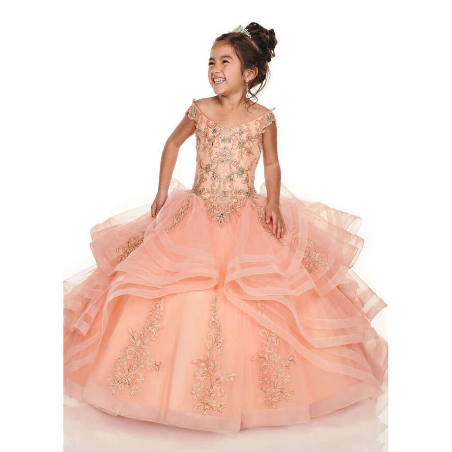 Cheap Royal Blue Peach Girls Pageant Off Shoulder Gold Lace Embroidery Beaded Wer Girl Dresses Kids Wear Birthday Communion Dress