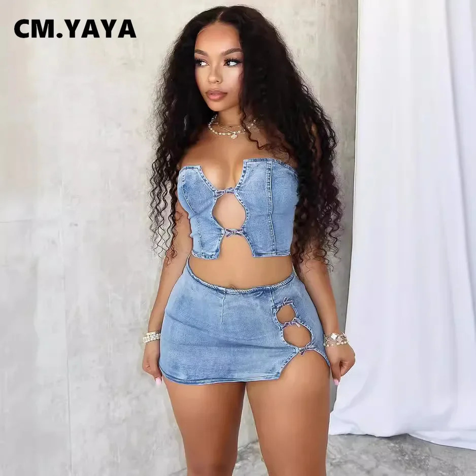 CM.YAYA Women Set Sleeveless Denim Strapless Tops and Mini Skirt Suits 2024 Sexy Hollow Out Beach Street Two 2 Piece Set Outfits 250224
