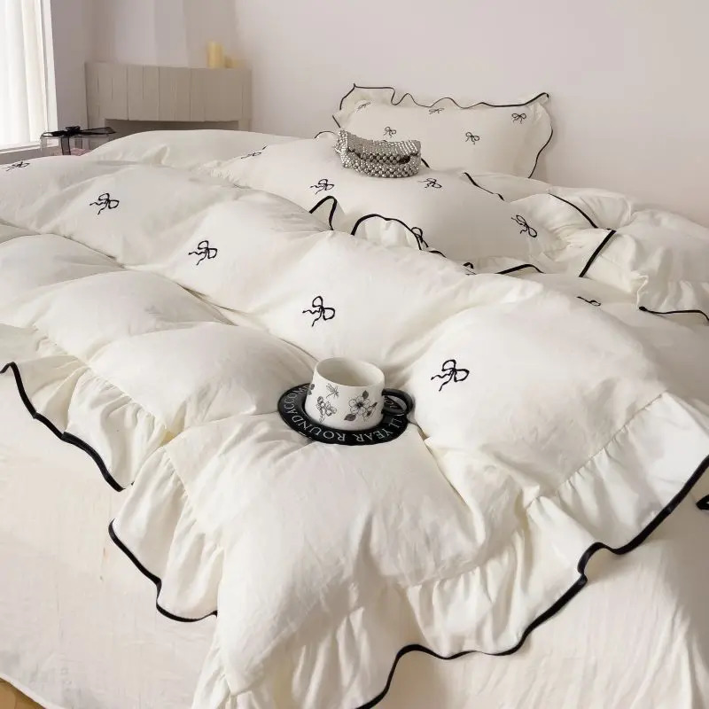 3pcs bow embroidery Bedding set ruffles Duvet Cover Set 1*Duvet Cover 2*Pillowcase Without Corefor bedroom guest room 250222