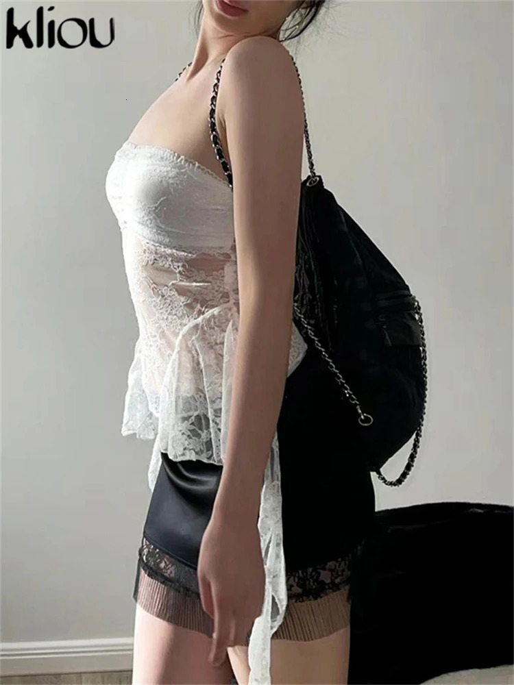 kliou Summer Women Bare Midriff Sexy Club Lace Crop Tops K24L42811 Embroider Chest Wrapping Slimming Tube All-match Vest 250224