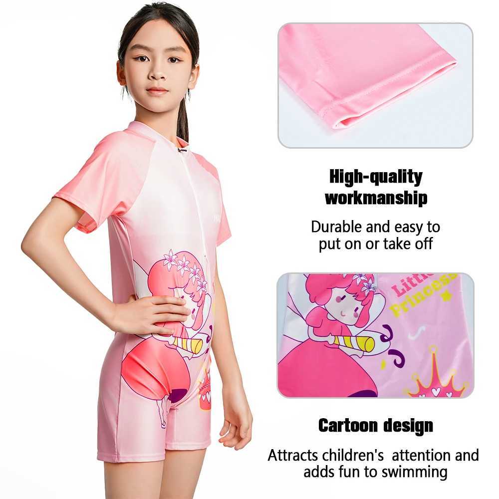 Summer One Piece Swimsuit Girls Little Fairy Print Swimwear Large Size Child Quick Dry Short Sleeve Zipper Professional Swimsuit X250224