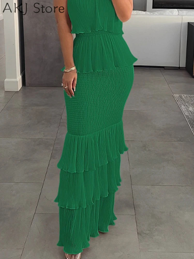 Women Fashion Bandeau Shirred Ruffle Hem Layered Dress 250225