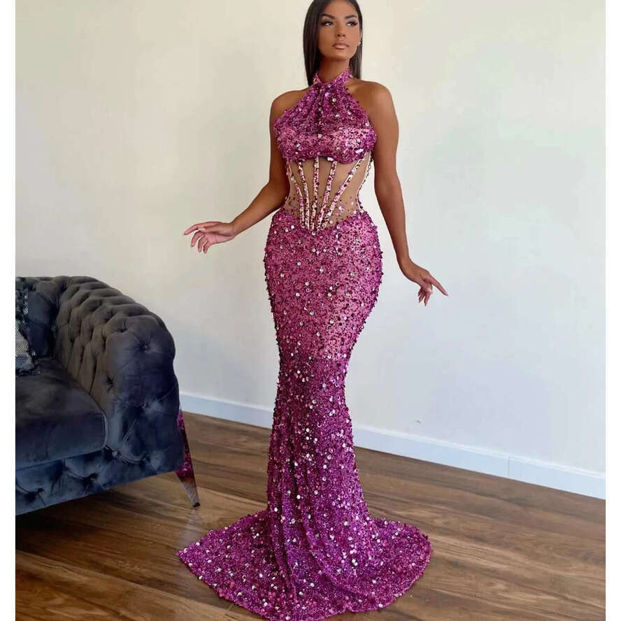 Mermaid Fuia Prom Pageant Dress Halter Heavy Crystal Sequins See Through Evening Night Gowns Formal Party Dresses Robe De Soiree