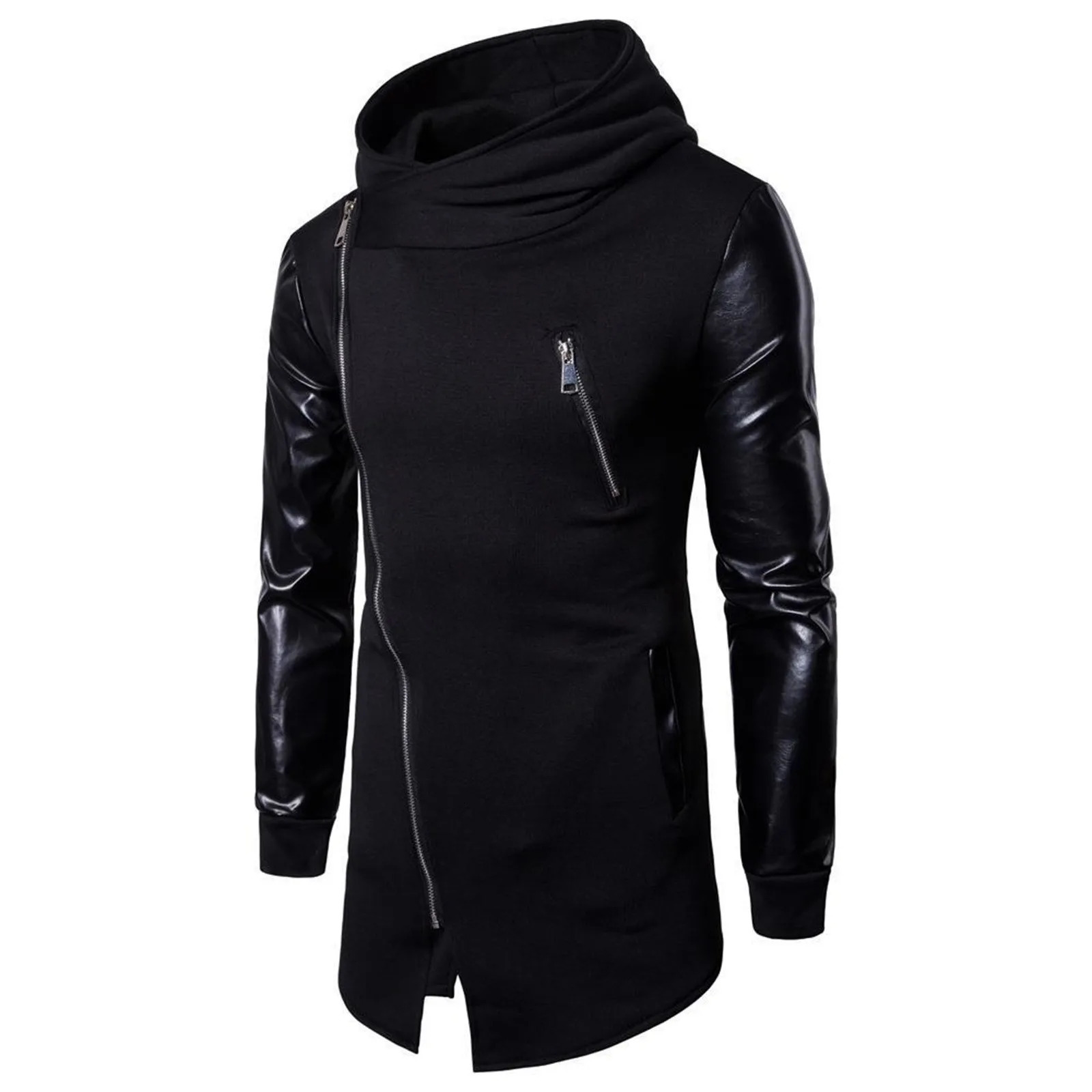 Gothic Men Fashion Hooded Sweatshirts PU Leather Patchwork Side Zipper Medium Length Hoodies Jacket Irregular Outerwear 250224