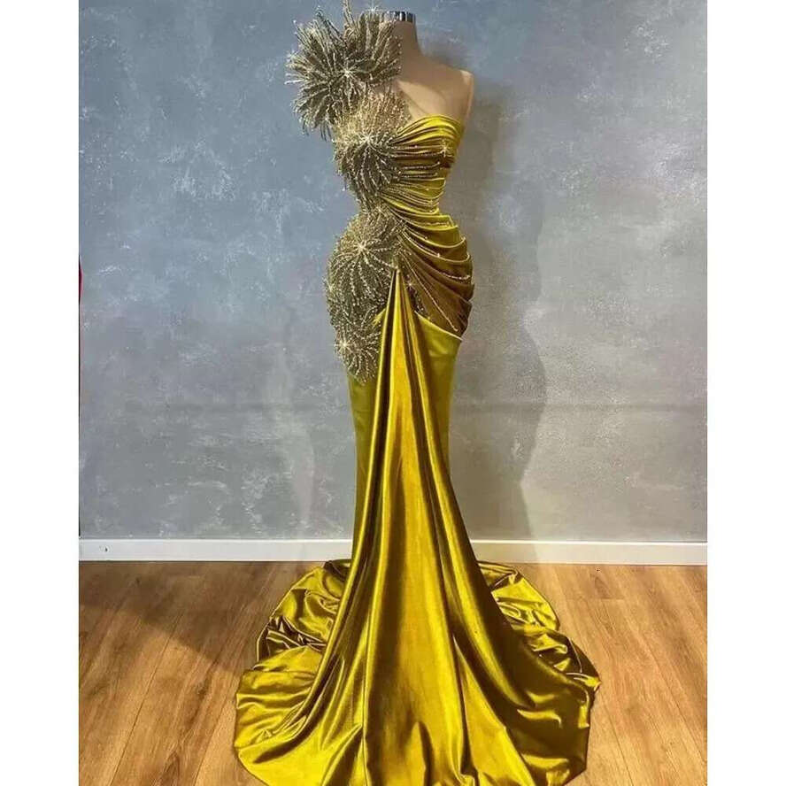 Urious Arabic Aso Ebi Mermaid Prom Dresses Olive Green Lace Beaded One Shoulder Evening Formal Party Second Reception Gowns