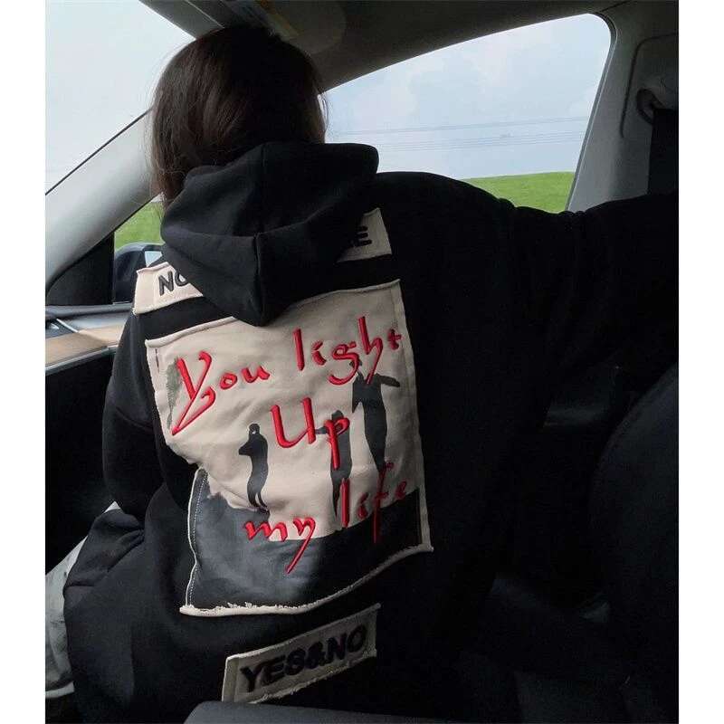 Black Womens Clothing Vintage Street Sweatshirt Hooded Haruku Y2K Letter Pullover Long Sleeves Warm Oversize Baggy Ladies Tops