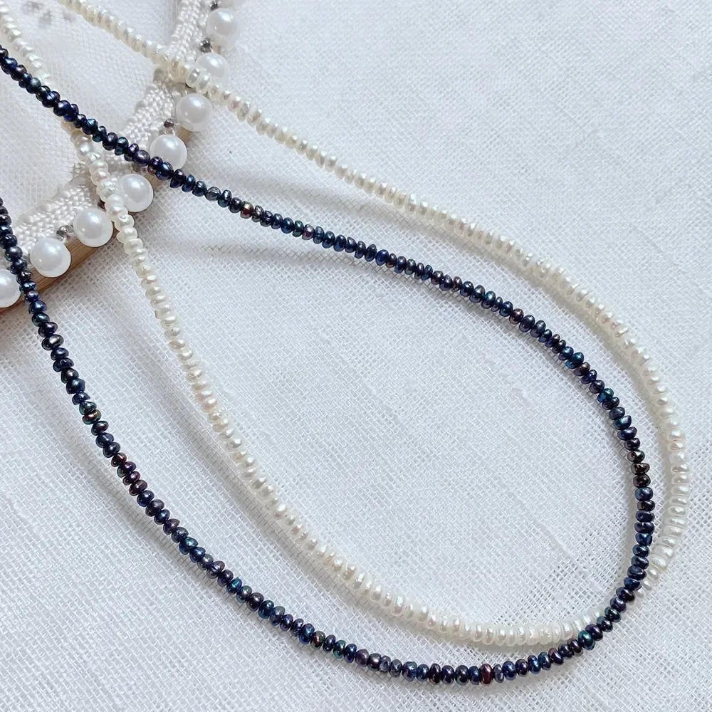 2-m Mini Baroque Real Natural Freshwater Peral Necklace for Women Black White Irregular Button Small Pearl Charm Choker Collar 250222