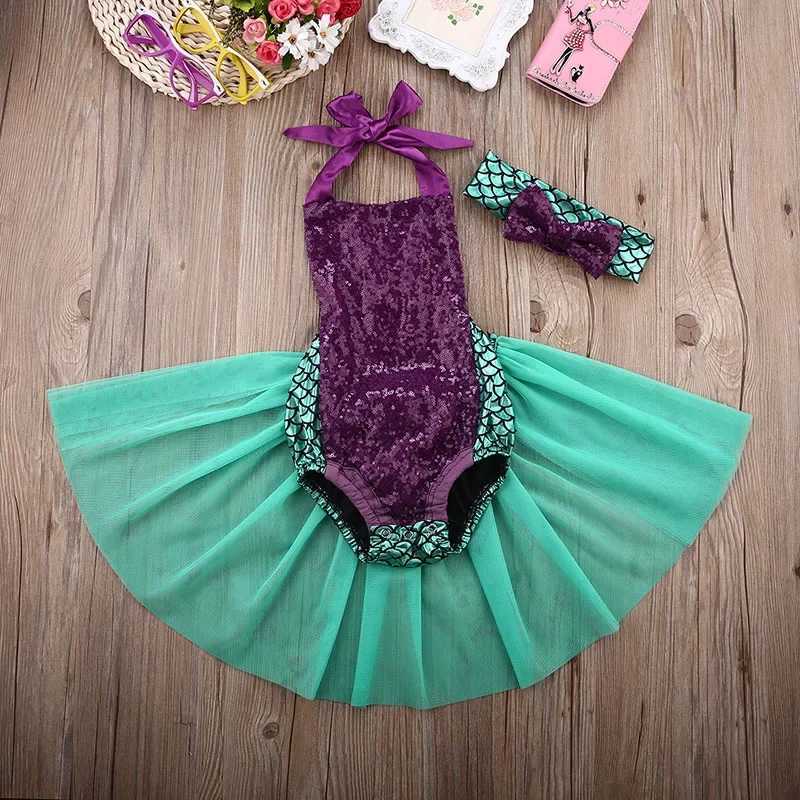 Babys Clothes Girls summer outfit set sleeveless lace mermaid jumpsuit tulle Tutu ski headband 2PCS casual beach outfit X250224