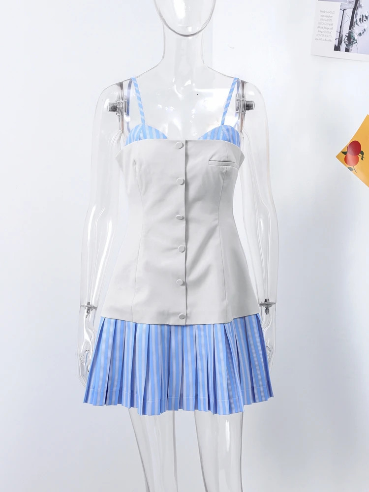 Fashion Contrast Color Patchwork Pleated Short Dress Women Elegant High Waist A-line Evening Party Dress Holiday Lady Vestidos 250225