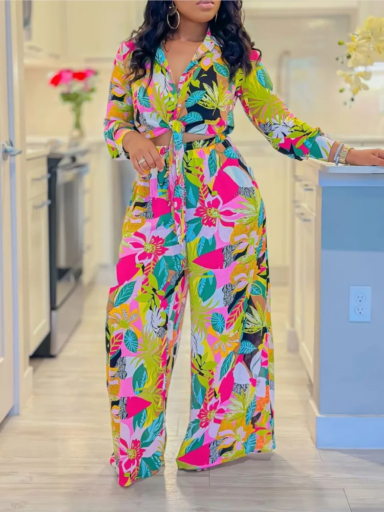2024 Spring Summer Long Sleeved Printed Suit For Women Fashion Lapel Single Breasted Shirt Wide Leg Trousers Two Piece Set 250224