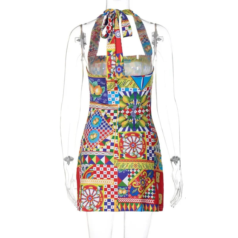 Bandage Halter Sexy Y2K Print Party Club Birthday Mini Dress Outfits Women Summer Streetwear Backless Bodycon Dresses Vestido 250225