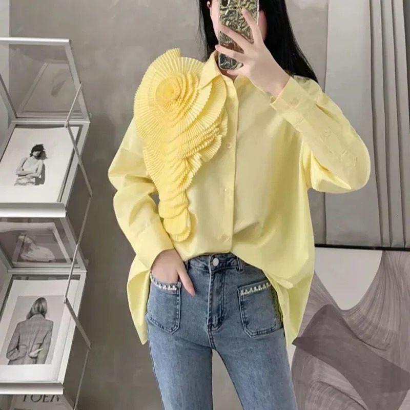 Hikigawa Chic Fashion 3D Floral Turn Down Collar Vintage Blouse Solid Elegant Shirt All Match Casual Blusas Top Mujer De Moda 250225