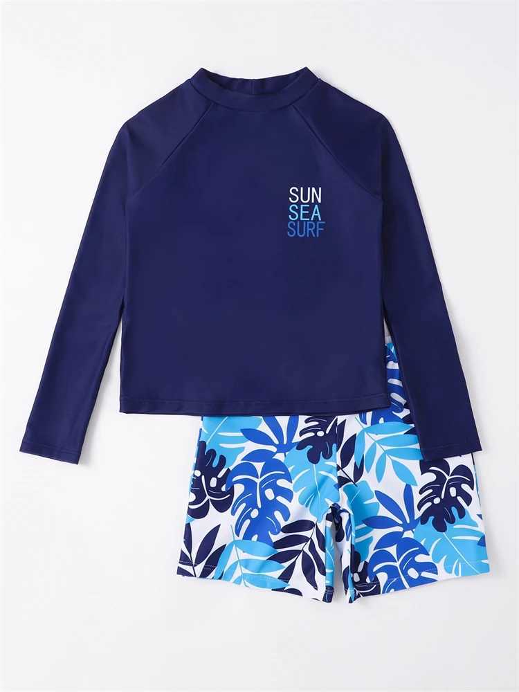 Boy Swimsuit 2025 New Two Piece Solid Long Sleeves Children Swimwear Summer Print Shorts Beachwear Kids Bathing Suit Swimming X250224