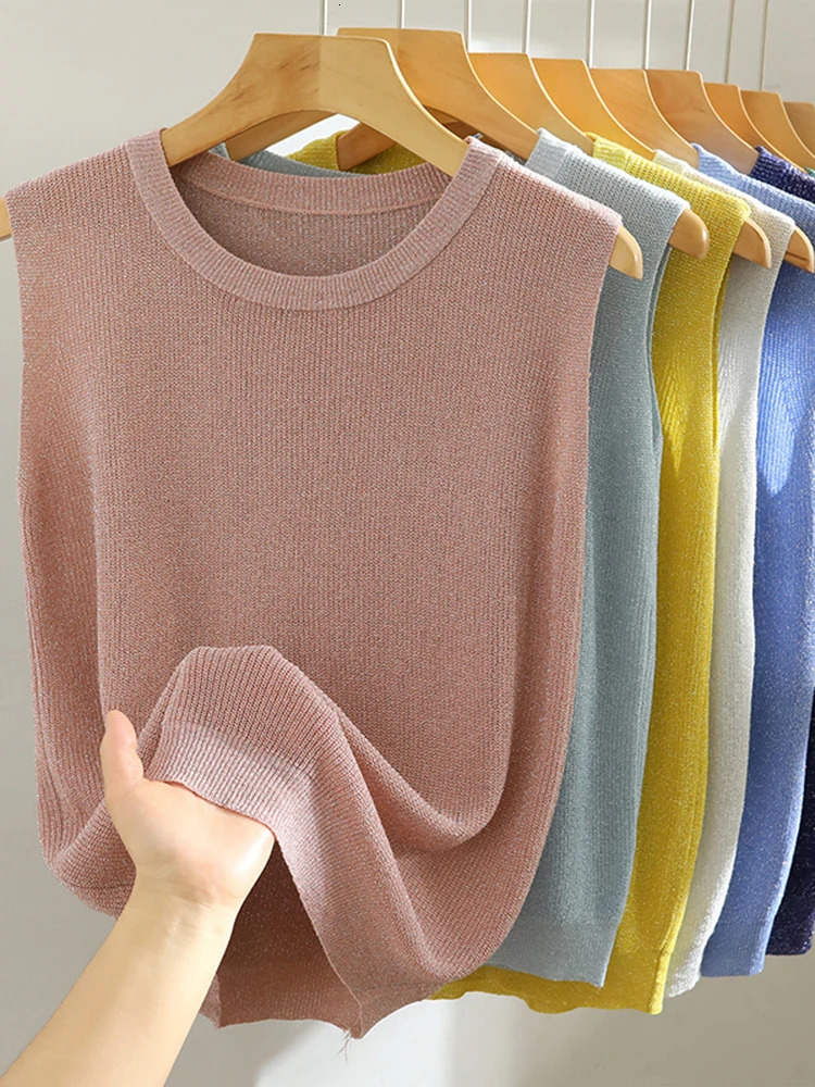 2025 Summer Women Knitted Green Tank Tops Women Thin Tops Basic Casual Tank Tops O-neck Tees Sleeveless Tops For Women 250224