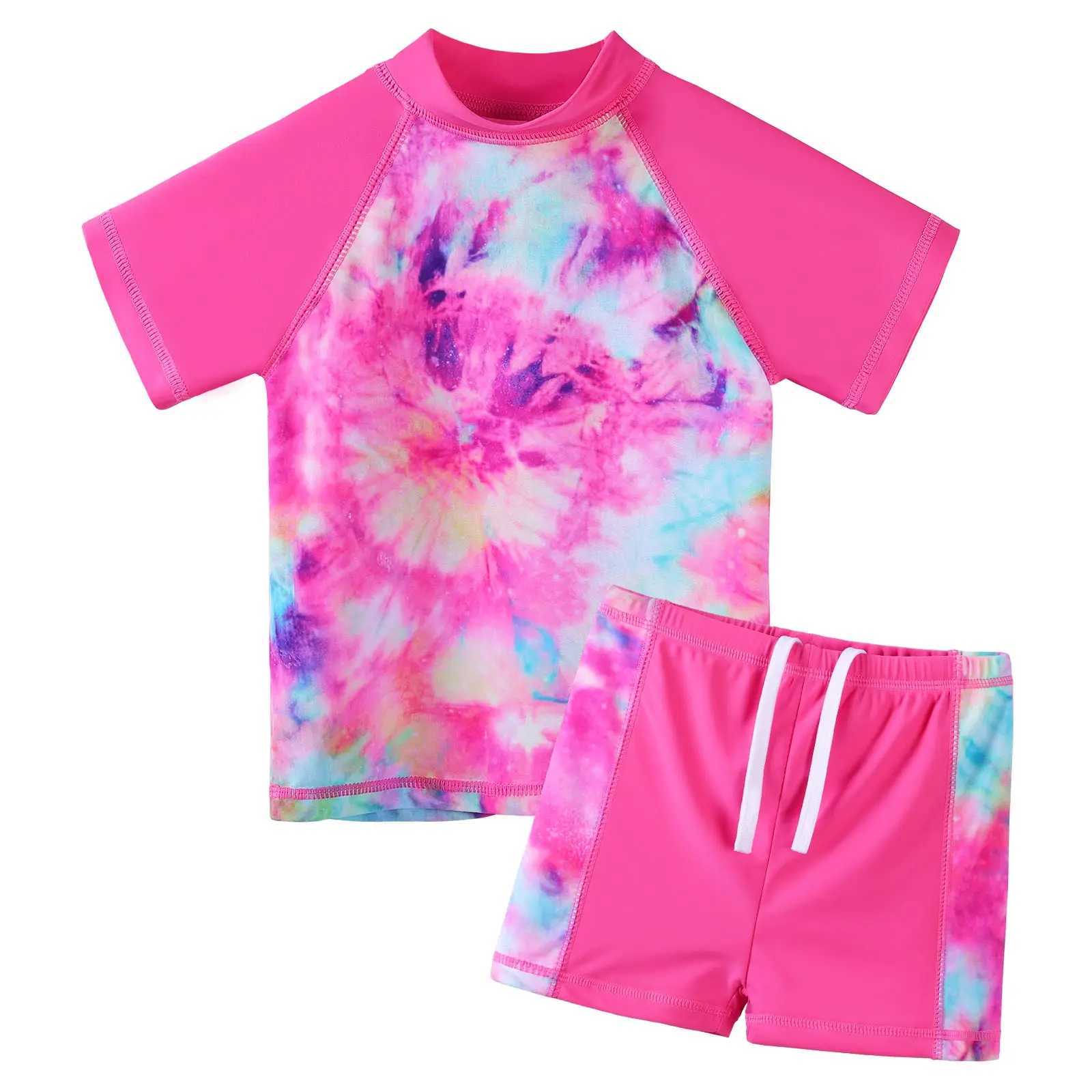 Kids Two Pieces Swimsuit UPF 50+ UV Sun Protective Swimwear Short Sleeve Rashguard Beach Wear Children Bathing Suit X250224