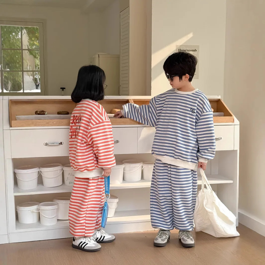 Ins Spring Children Girl 2PCS Clothes Set Letter Printed Stripe Long Sleeve Sweatshirt Suit Loose Sports Pant Kid Tracksuit 250221