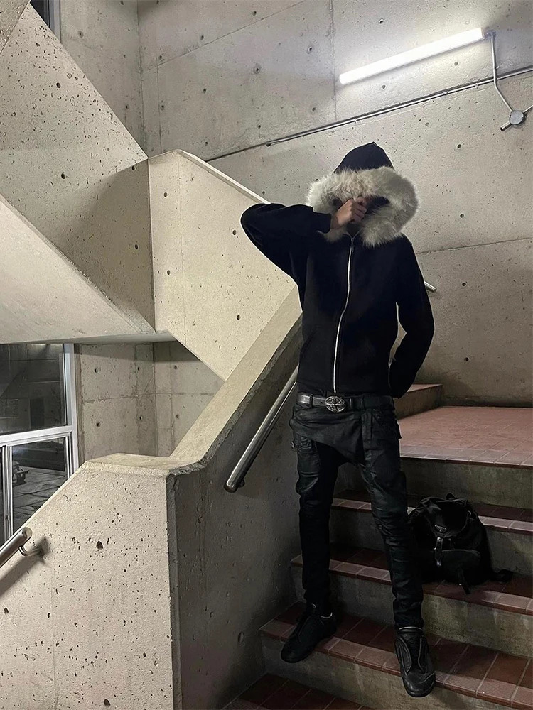 Faux Fur Collar Harajuku Hiphop Zip up hoodie Oversized Zipper Hoodie sweatshirt Retro Rock Goth Streetwear Jacket Y2k Clothes 250224