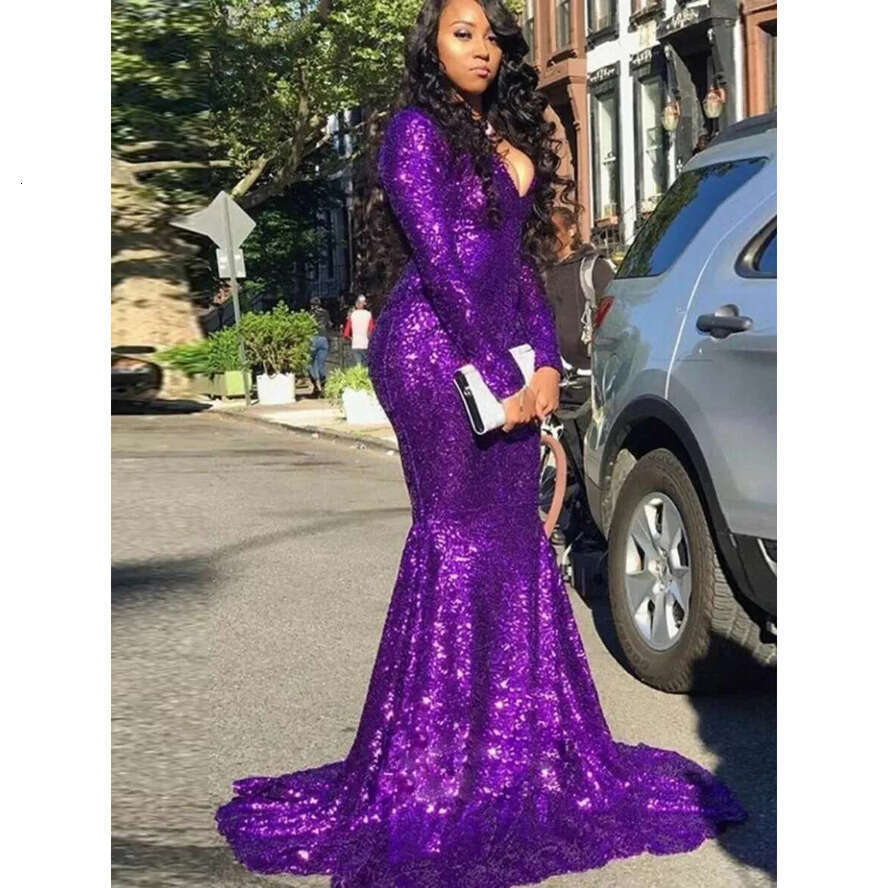Sequins Glitter Mermaid Evening Dress V Neck Black Girl Purple Long Sleeves Women Formal Plus Size Prom Birthday Party Gown Robe De Soiree