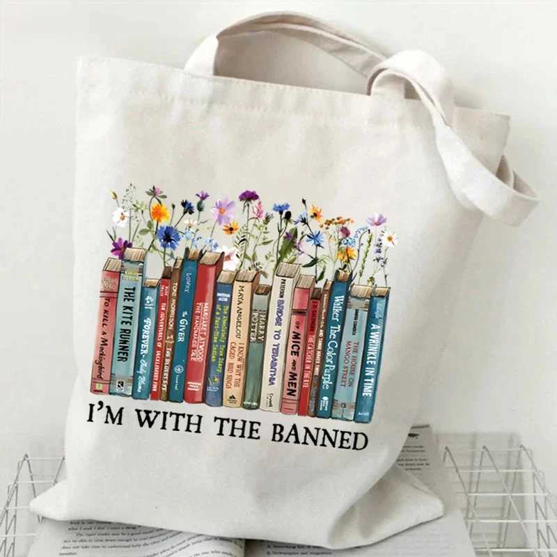 Im with The Banned Funny Canvas Tote Bag Women Wildflower and Books Shopping Bag Vintage Teacher Reusable Female Shoulder Bag Z250224