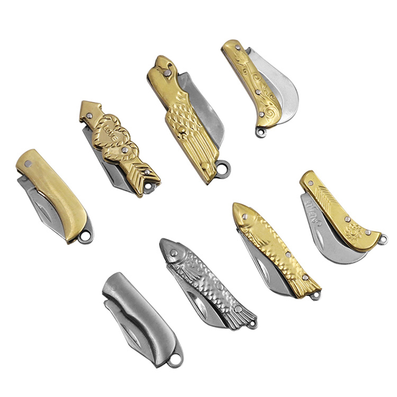 Mini Pocket Folding Knife Brass Handle Portable Keychain Knife Pendant Outdoor Cutting Tools