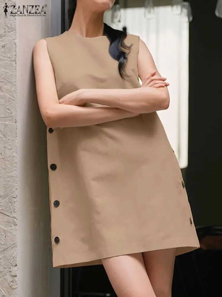 ZANZEA Women Sveless Tank Mini Dress 2024 Summer Casual Buttons Sundress Solid Round Neck Short Dress Holiday A-line DressesXJ250224