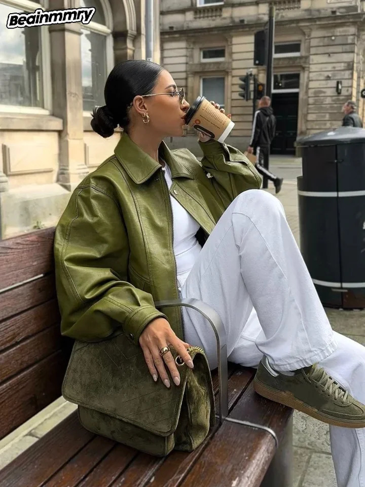 Fashion Green Leather Sleeve Loose Jacket Women Chic Laple Zipper Cropped Short Coats 2024 Lady Casual High Street Outerwear 250224