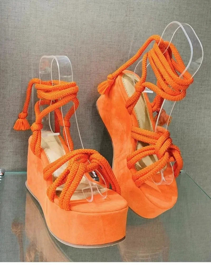 2024 Summer Platform Wedge Sandals for Women Fashion Round Toe Cross Tied Height Increase Open Toe Femme Sandal Plus Size 43 250224