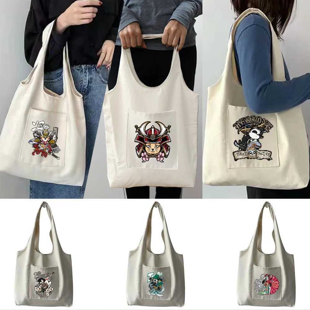 Bags for Women Shopper Canvas Bag Japanese Animation Cartoon Samurai Pure Cotton Handbags Portable One-shoulder Shopping Bag Z250224