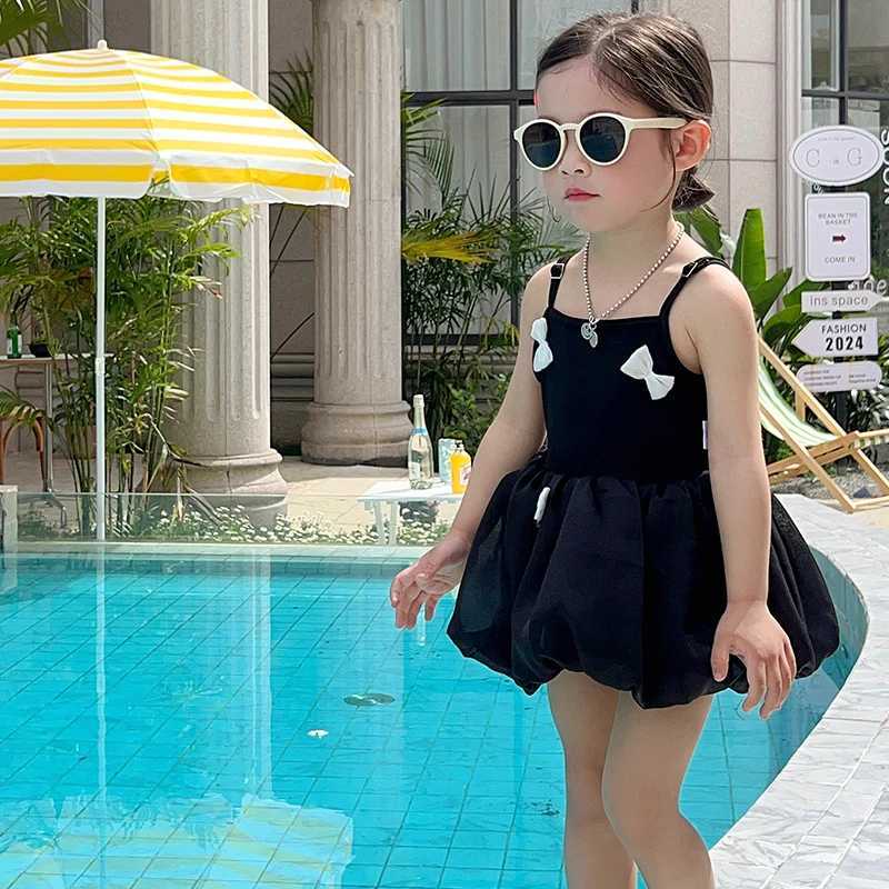 Girls Short Sleeve One Piece Swimsuit Swimming Cap Set Three Bow Suspenders X250224
