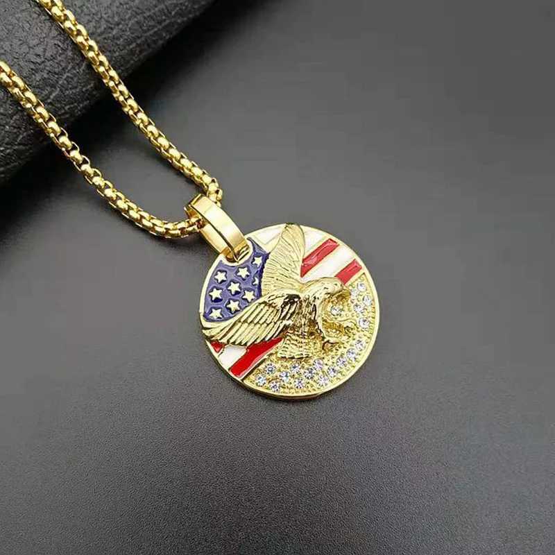 Hip Hop Rhinestones Paved Bling d Out Solid Stainless Steel Flag Pendants Necklace for Men Rapper Jewelry X250224