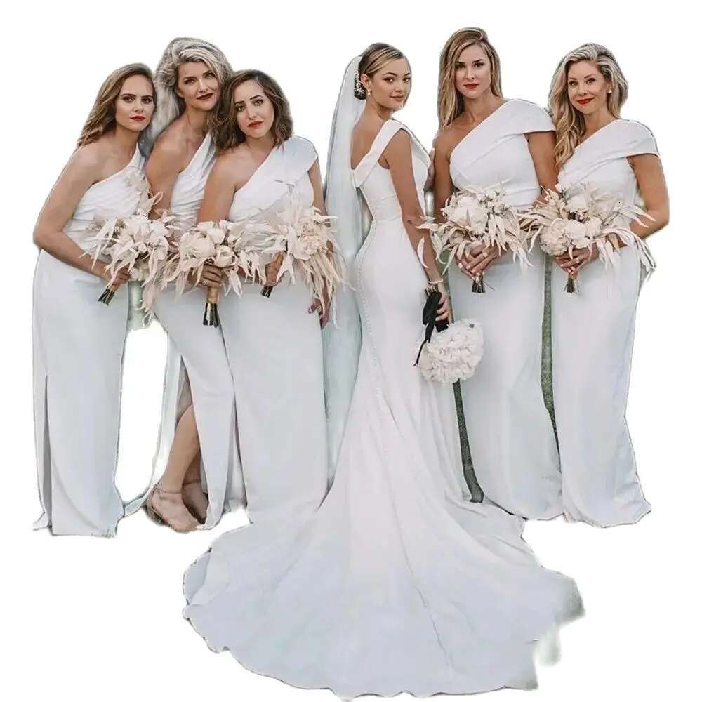 Stylish White One Shoulder Solid Sheath Simple Bridesmaid Dresses Pleated Up Floor Side Split Robe Wedding Party Dress