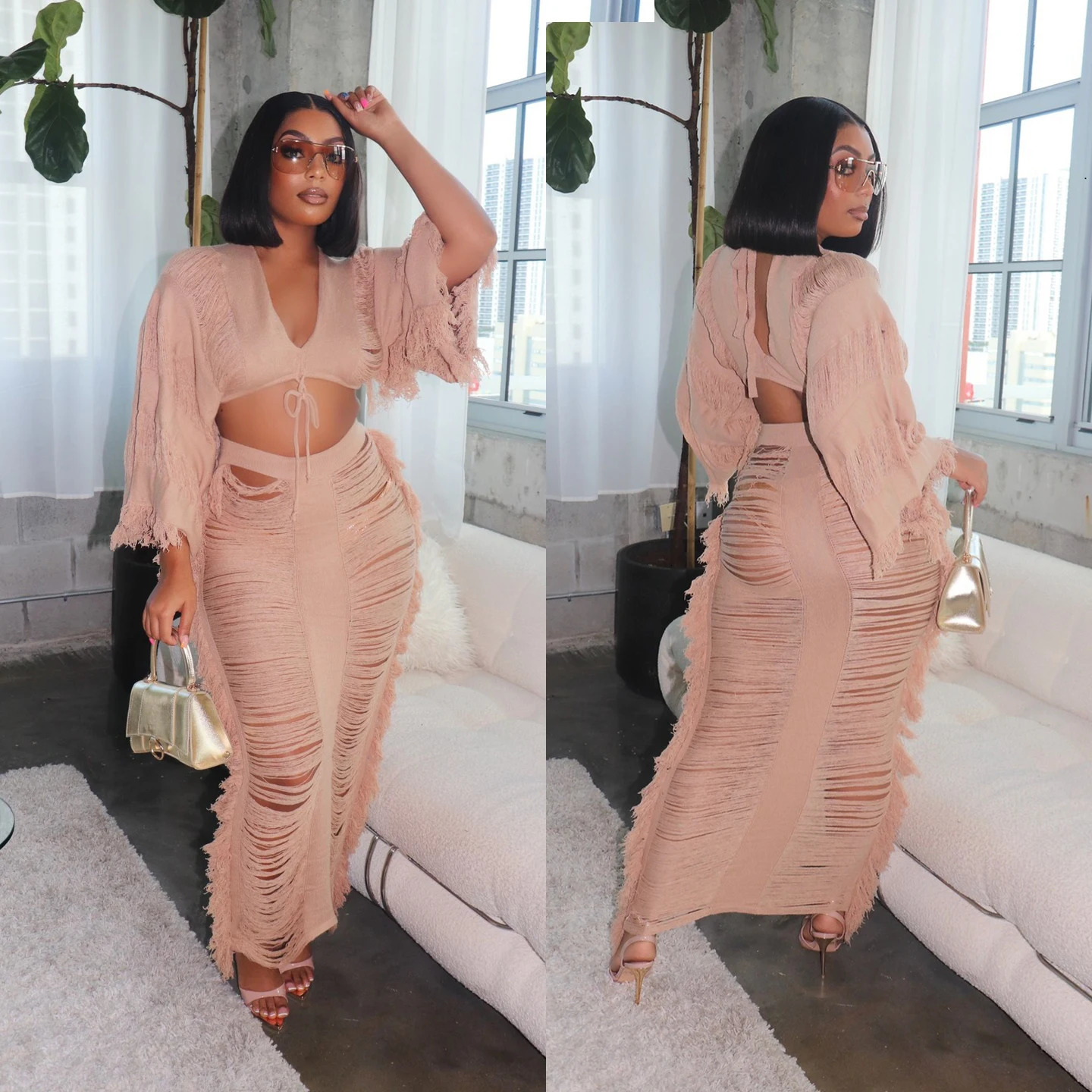 Crochet Two Piece Skirt Sets Knitted Dress Summer Women Clothes Sexy Elegant Knit Fringe Tassel Dress 2 Piece Set Outfit 250224