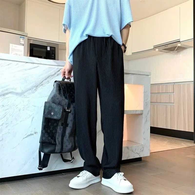 Trendy Lazy Wind Summer Casual Suit Pants Men Solid Striped Elastic Waist Pocket Fashion Versatile Straight Wide Leg Trousers W250225