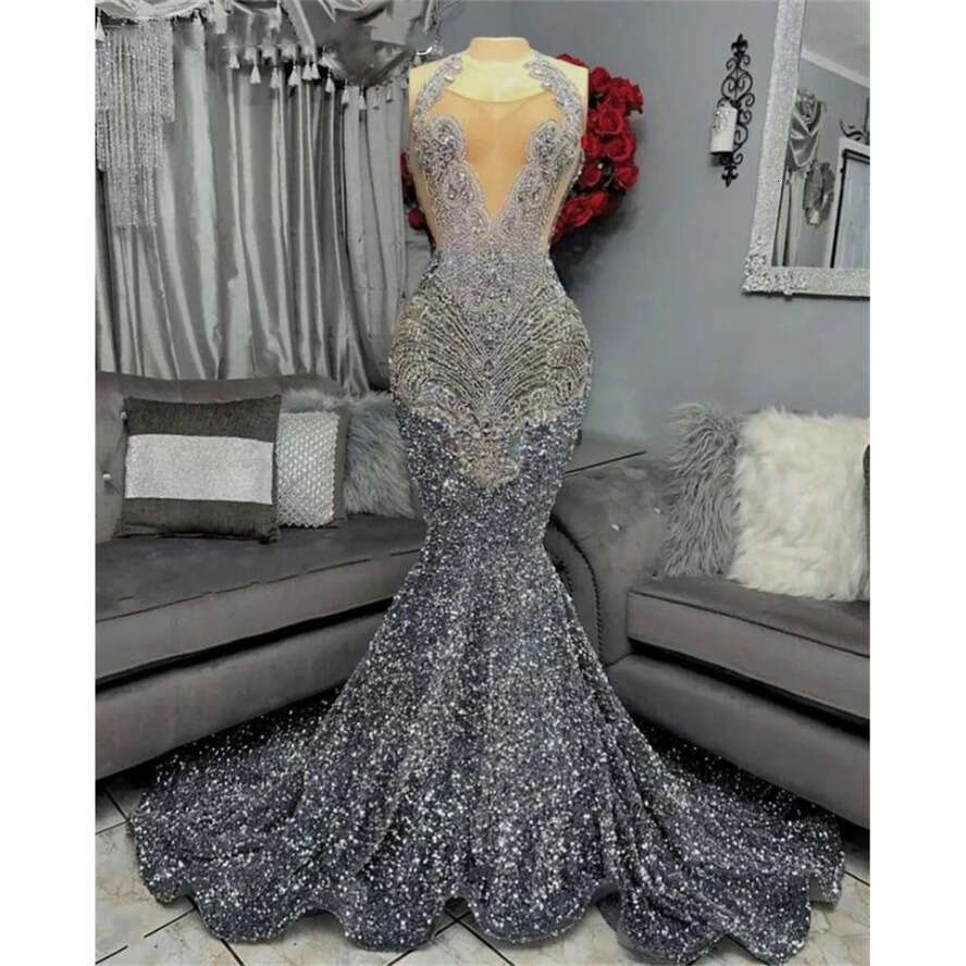 Sier Halter Long Prom Dress For Black Girls Beaded Crystal Dia Birthday Party Dresses Sparkly Sequined Evening Gowns