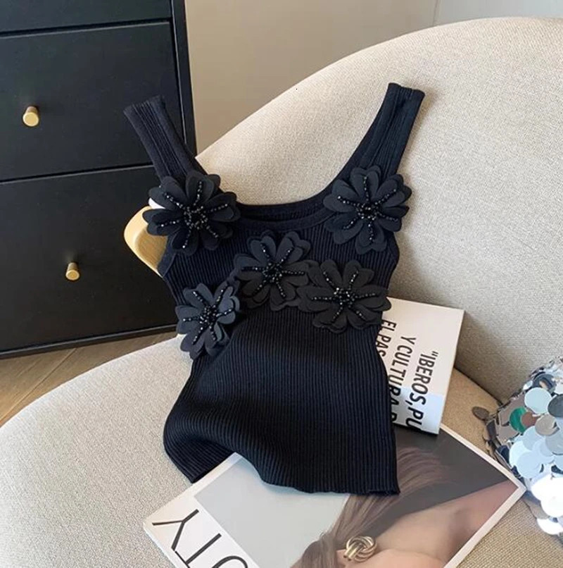 Heavy Industry Sequined Flower Splicing Tank Top Womens Summer Blouse Outerwear Knitted Sleeveless Top 250224