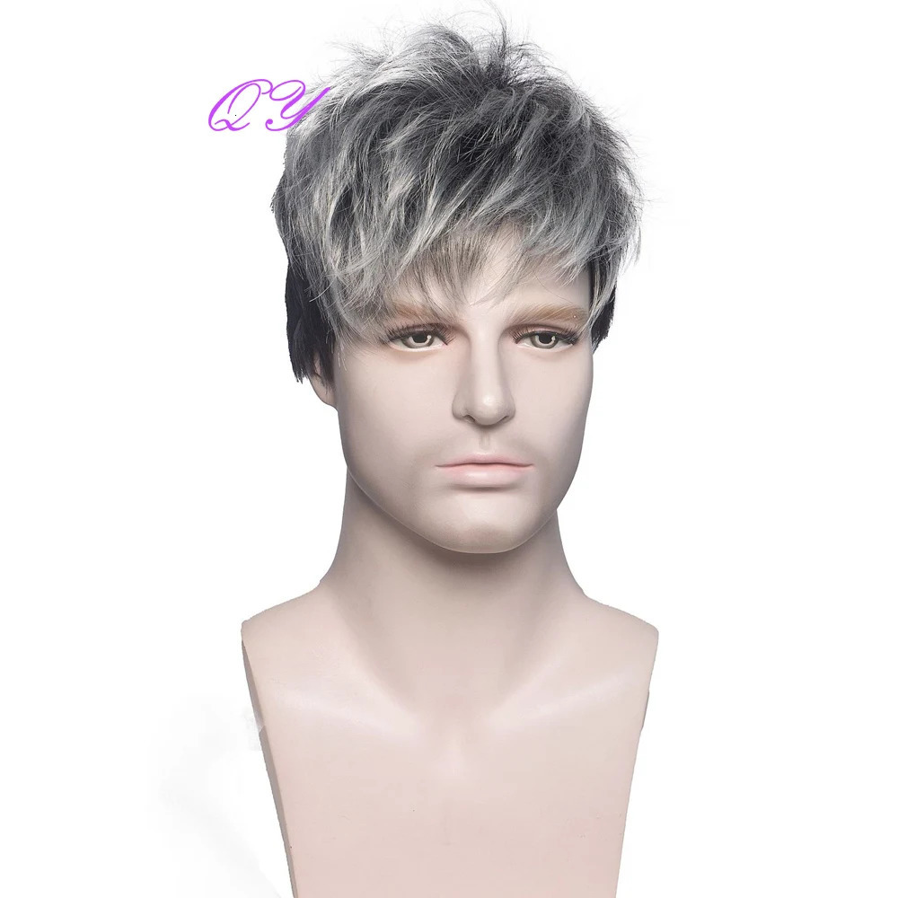 Synthetic Men Ombre Wigs Natural Short Straight Black Ombre Grey Man Wigs Fashion Style Adjustable Size Breathable Male Hair 250224
