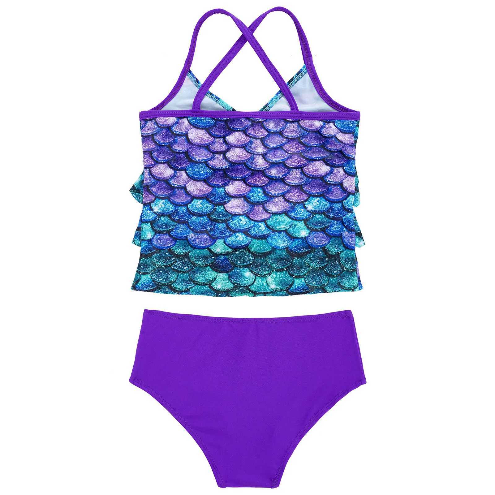 Kids Girls Fish Scales Mermaid Bathing Suit Two-piece Bikini Swimsuit Sleeveless Tops with Briefs Tankini Swimwear Beachwear X250224