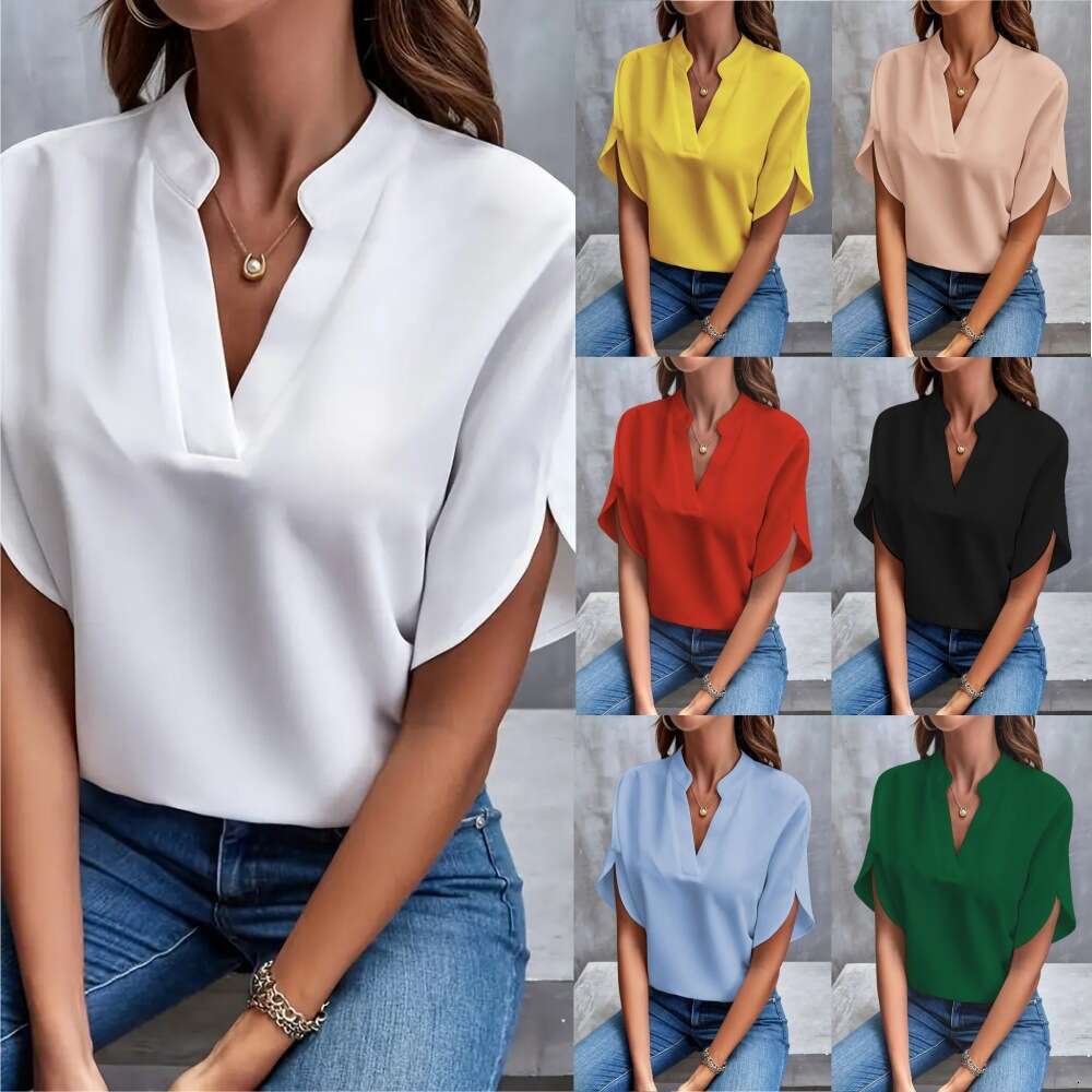 European And American Women's Summer Casual Solid Color V-Neck Loose Shirt Top For Women