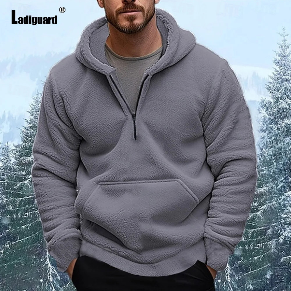 Winter Casual Plush Hoodies Mens Stand Pocket Sweatshirts European Style Fashion Zipper Sweatshirt Men Vintage Pullovers 250224