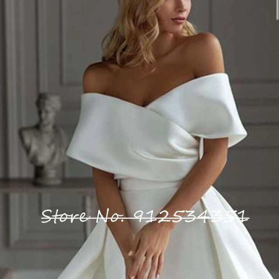 Satin Noivas Vestidos Mermaid Wedding Dress With Detachable Train Simple Robe De Mariee V Neck Off The Shoulder Trouwjurk