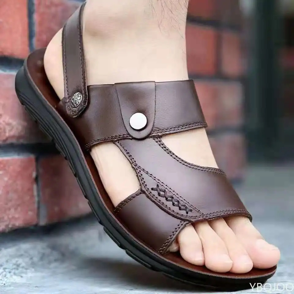 Mens Summer Sandals and Slippers Mens Leather Sandals Adult Thick-soled Beach Shoes Non-slip Open-toe Leather Sandals 250224
