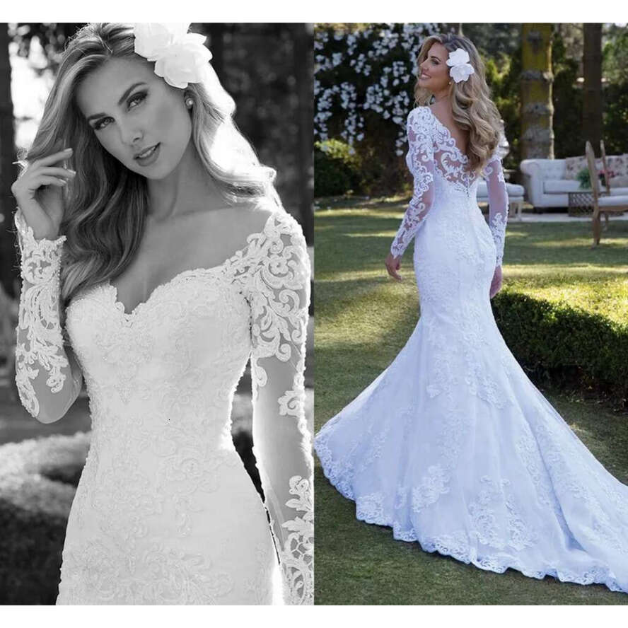 Wedding Sexy Dress Mermaid Long Sleeve Lace Pearls Appliques Gorgesous New Design Bride Dresses Custom Made