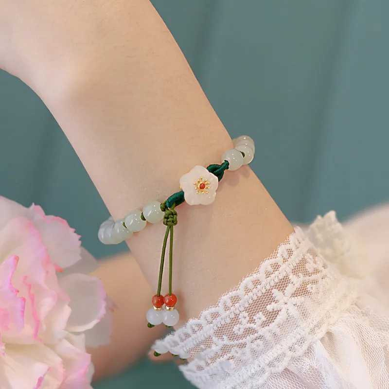 Jade Beads Small Peach Flower Woven Bracelet Female Minority Design Students Best Friend Gift Beads Bracelet Ins KnittingXJ250225