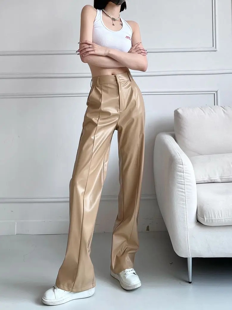 Autumn Winter Straight Leather Pants Women Slim Floor-length Casual Pu Leather Pants for Tall People Loose Wide-leg Pants 250224