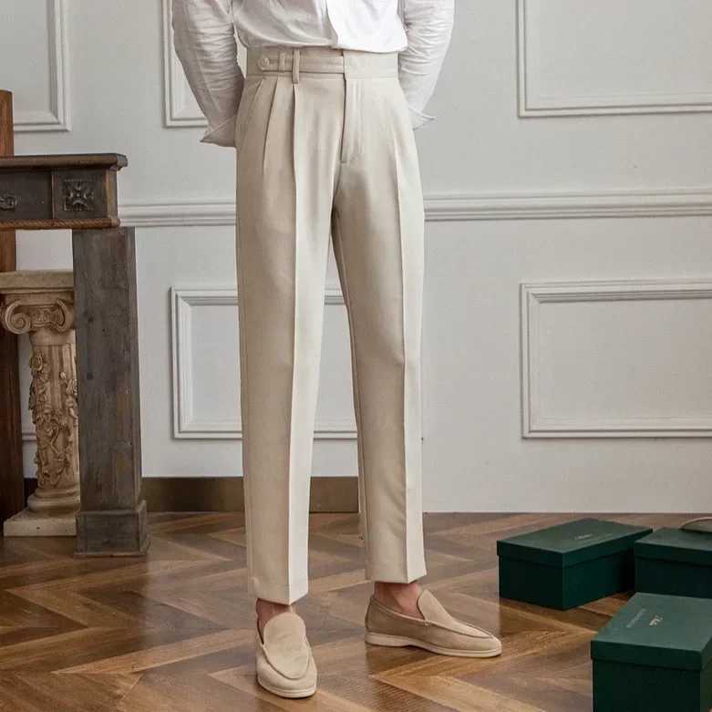 High waisted mens straight casual suit pants high-quality Neapolitan pants elegant British Trouser almond black banquet wedding W250225