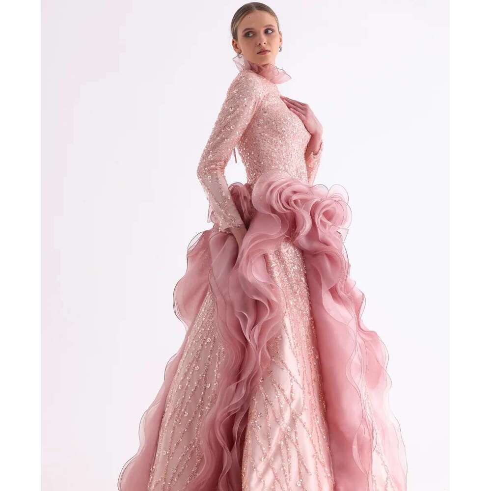 Fashion pink muslim bright lace evening long high collar full sleeves o ball dresses with pleated organza