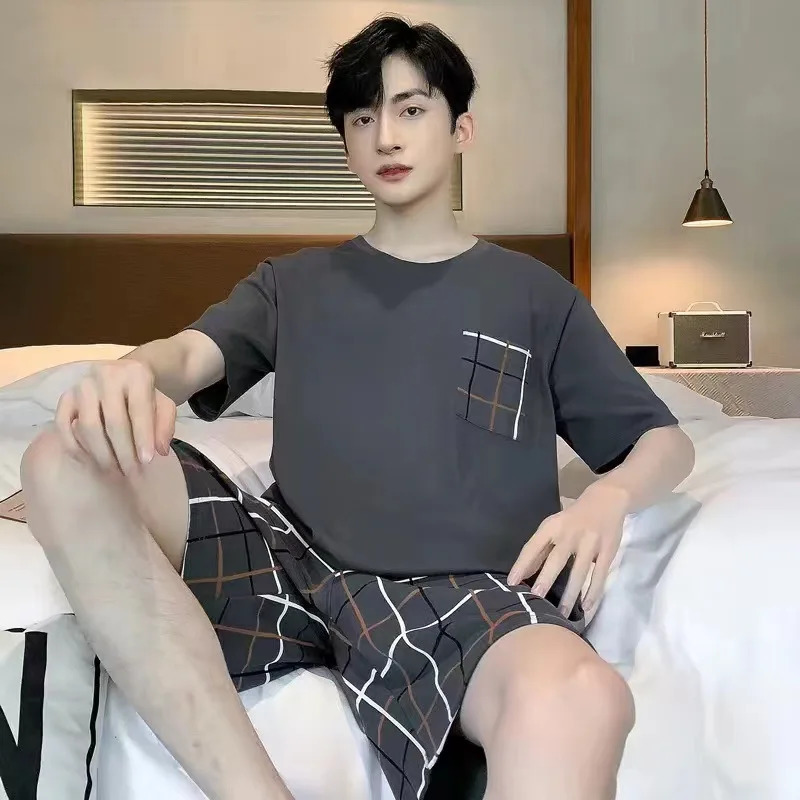 Men Pajamas Short-Sleeved Loose Large Size Casual Homewear Grey Plaid Pullover Easy to Clean Cartoon Sleepwear 250224