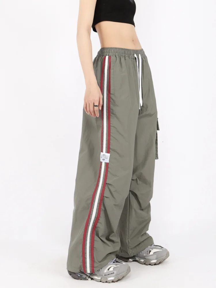 Y2K Kpop Cargo Pant Women Drawstring Pockets Wide Leg Chic Punk Pants Baggy Striped Sports Sweatpants Parachute Jogger Trousers 250222